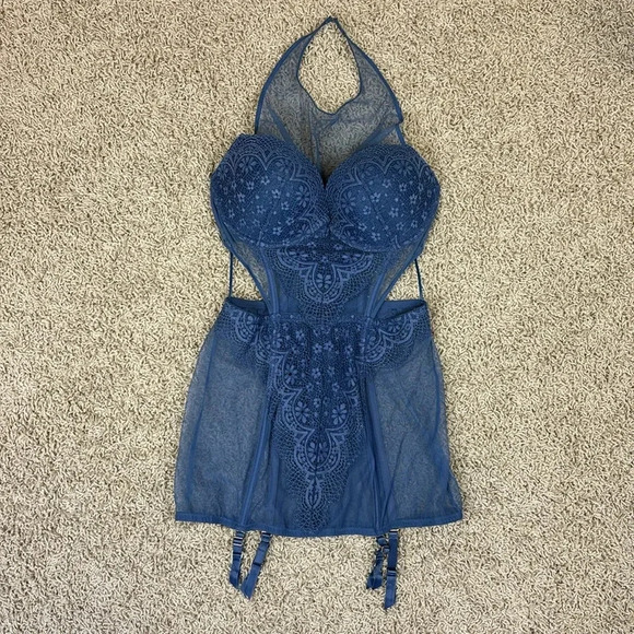Victoria's Secret Other - Victoria’s Secret blue lace high neck lingerie sz 36D